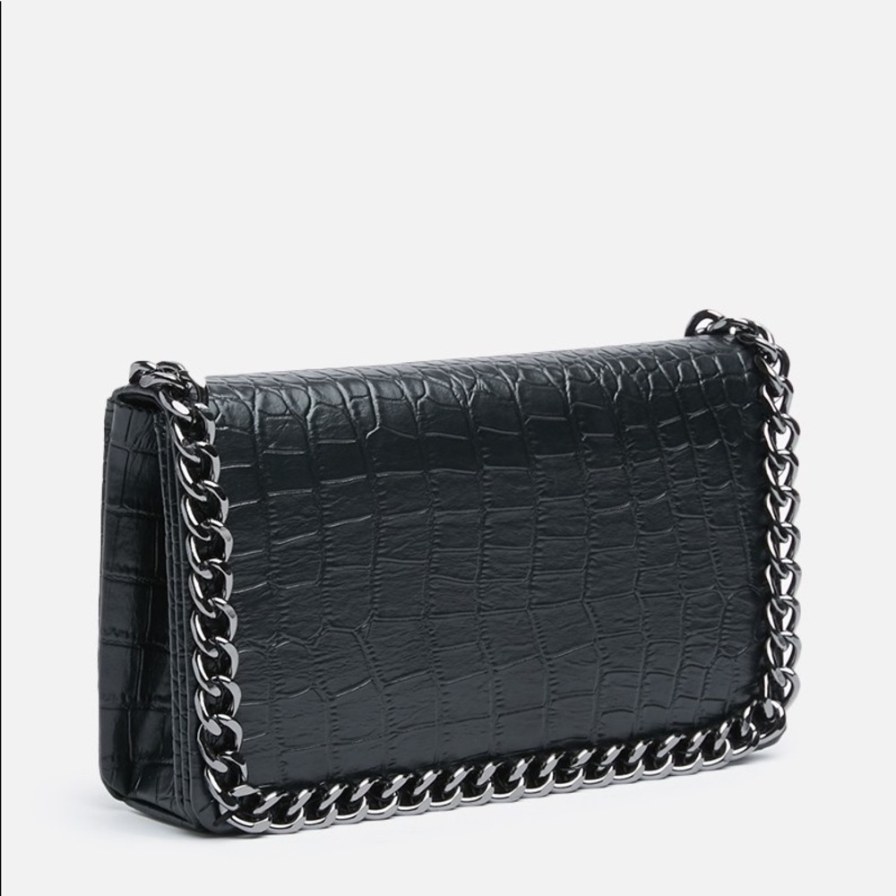 Black faux leather croc chain bag